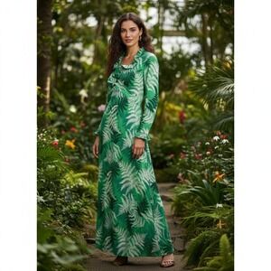 Vintage Tropical Hawaiian Ruffle Maxi Dress Womens S Green Mumu Resort‎ Luau 70s